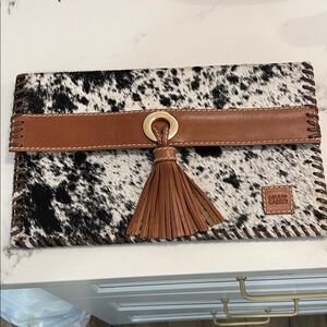 New Soul Carrier Black & White Cowhide Tassel Clutch with Brown Leather Trim